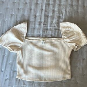 Cream Ribbed Puff Sleeve Top